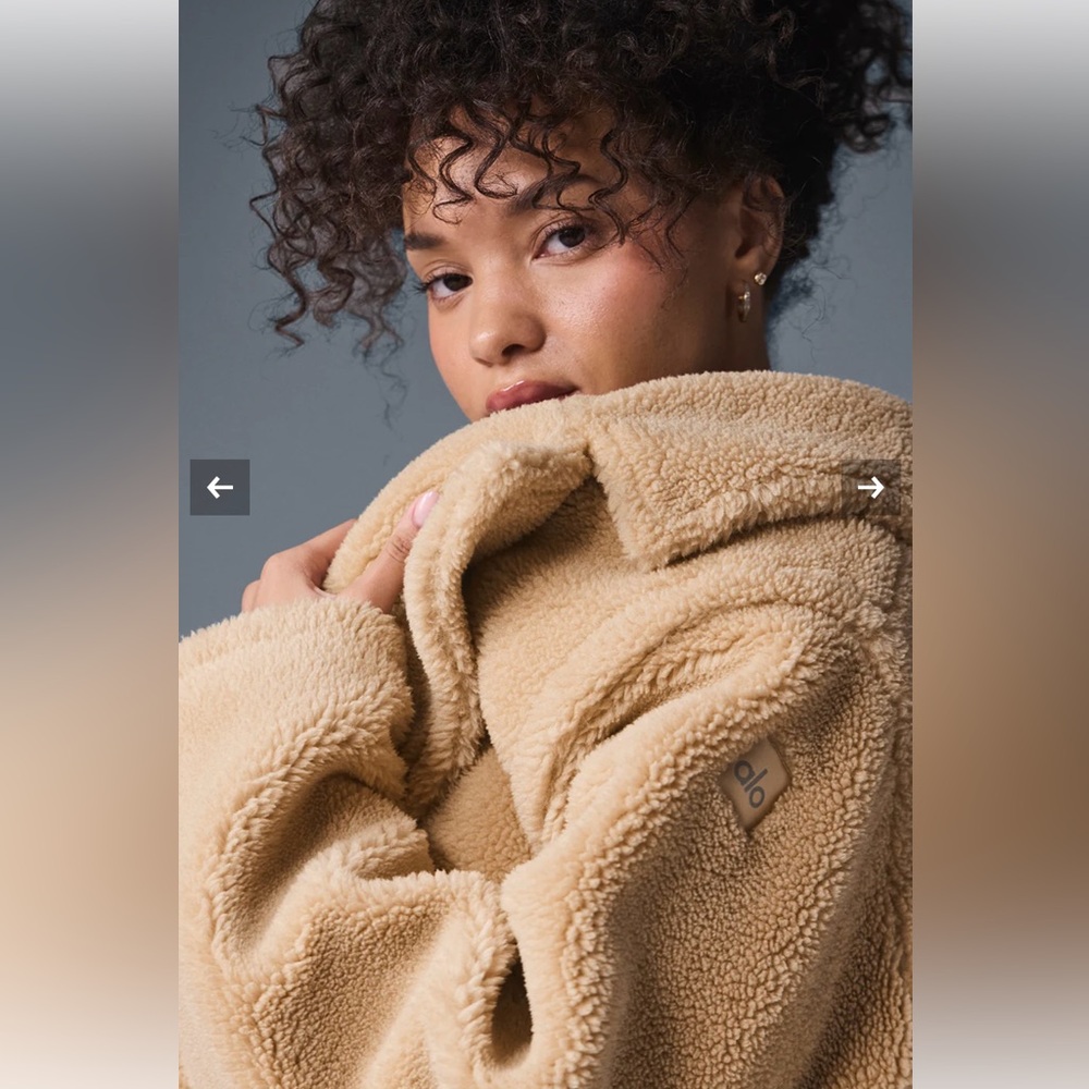ALO Yoga Tan Teddy Jacket Plush Oversized Style, camel color.